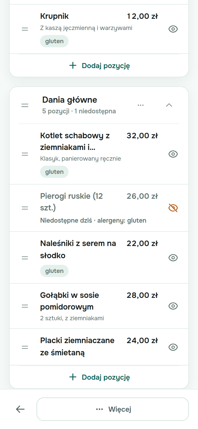 Lista dań w edytorze: Pierogi ruskie oznaczone jako niedostępne dziś jednym dotknięciem