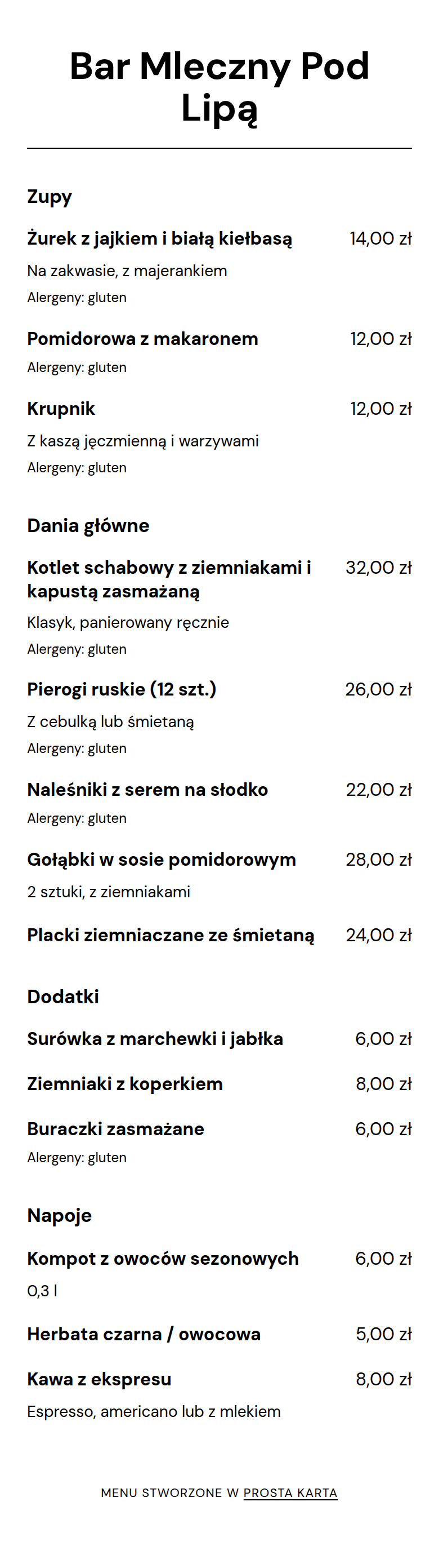 Pełna karta gościa: sekcje Zupy, Dania główne, Dodatki, Napoje z cenami i alergenami