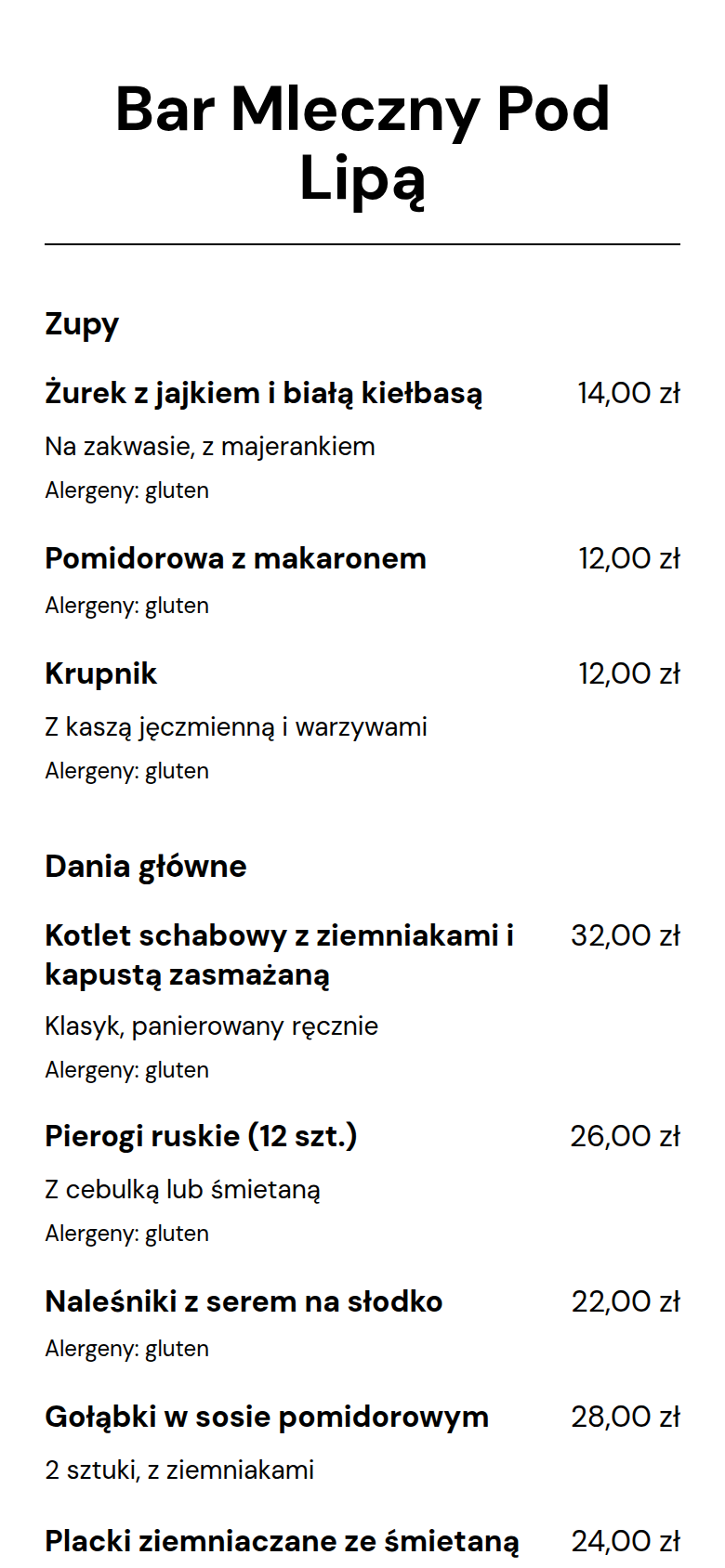 Karta gościa na telefonie: Bar Mleczny Pod Lipą — zupy, dania główne, ceny i alergeny, czarny tekst na białym tle