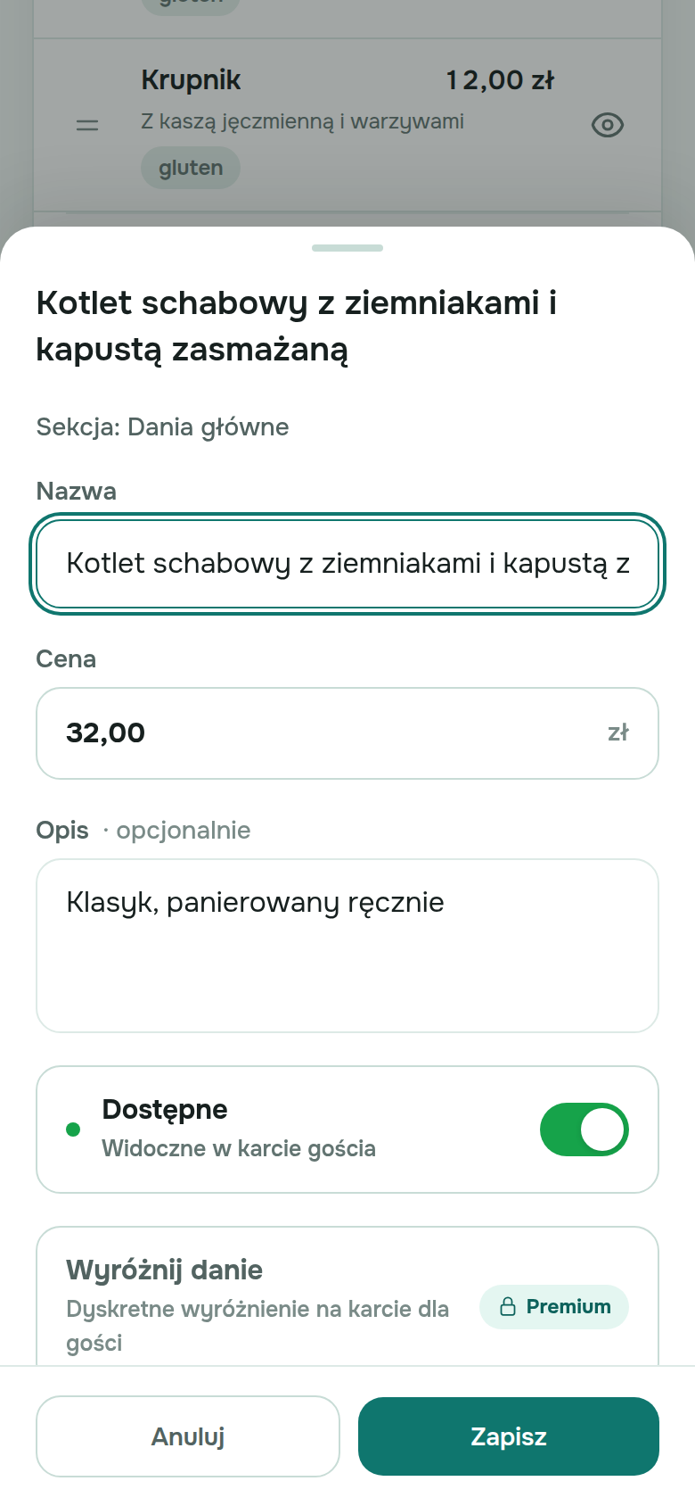 Edycja pozycji w aplikacji: nazwa, cena 32,00 zł, opis, przełącznik dostępności
