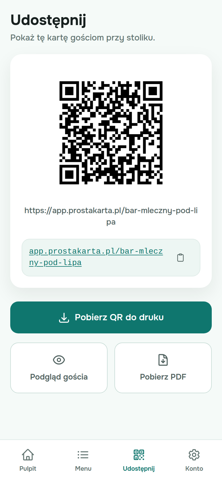Ekran Udostępnij: kod QR, link app.prostakarta.pl/bar-mleczny-pod-lipa, przyciski pobierania